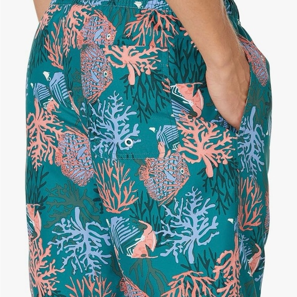Amazon Essentials Mens 9" Quick-Dry Swim Trunk Teal Coral Tropical Print L NEW - Picture 3 of 10
